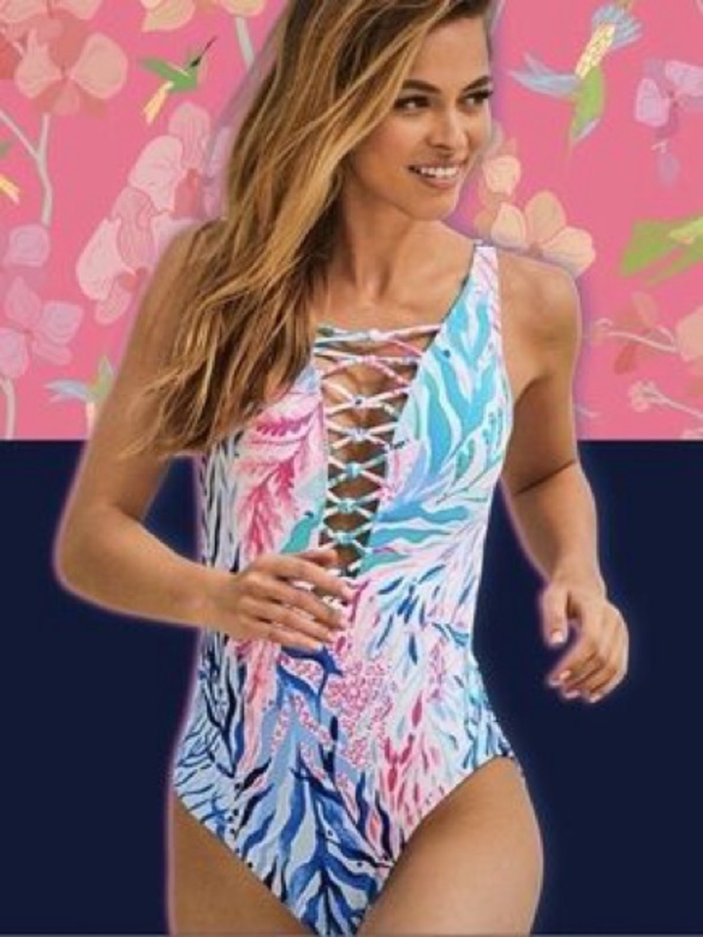 Lilly Pulitzer Isle Lattice Kaleidoscope Coral Blue Pink One Piece Swim 4